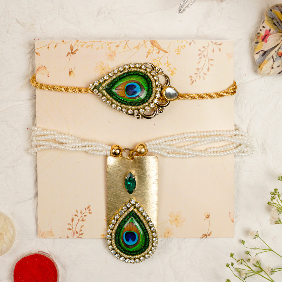 Peacock Pearm And Dori Bracelet Rakhi With Roli Chawal For Bhaiya And Bhabhi - Paired Bracelet Set Display