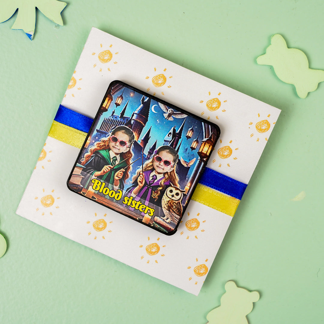 Photo Personalized Handmade Reusable Caricature Blood Sisters Mdf Wood Rakhi With Roli Chawal For Sisters - Badge on decorative card