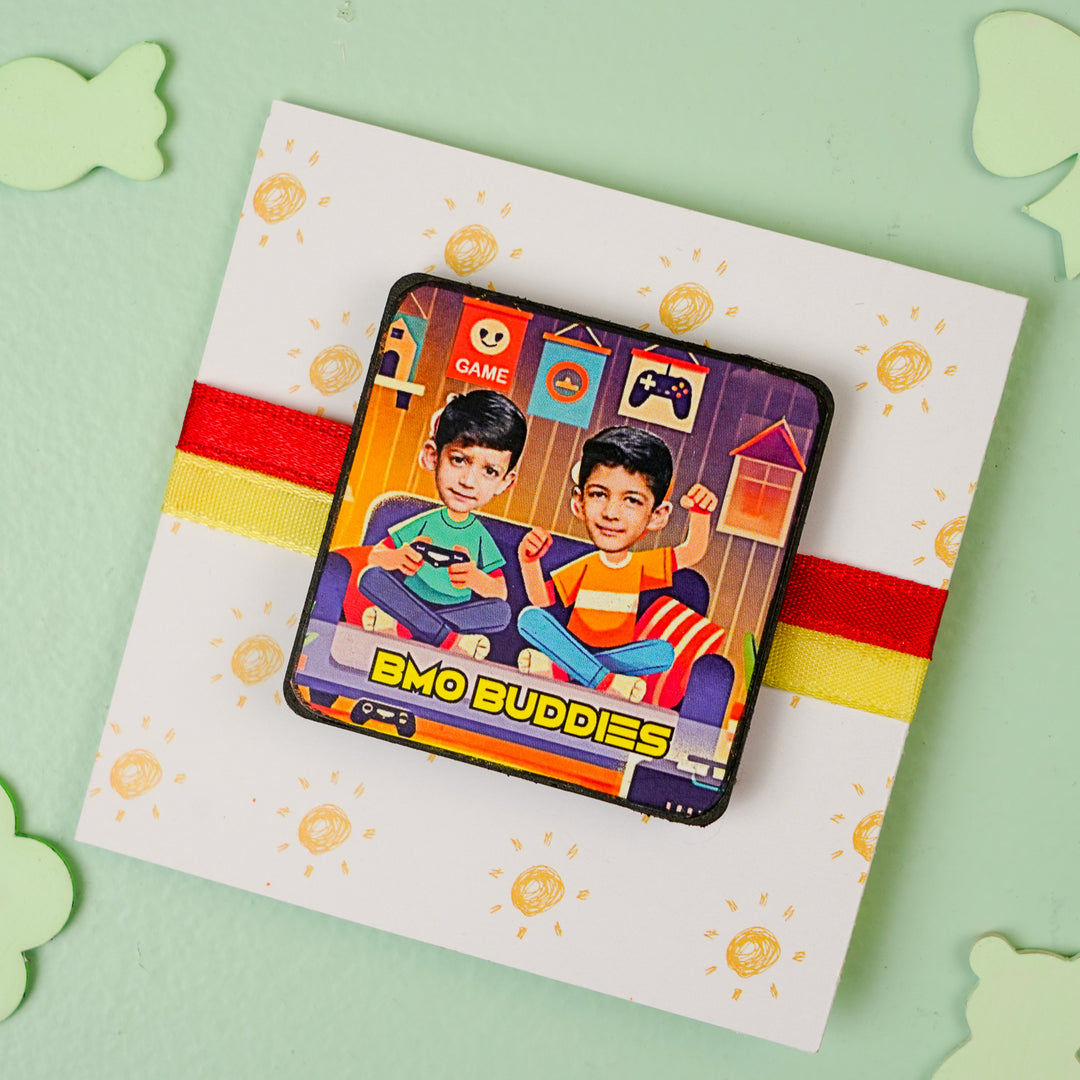 Photo Personalized Handmade Reusable Caricature Bmo Buddies Mdf Wood Rakhi With Roli Chawal For Siblings - Flat Lay Packaging View