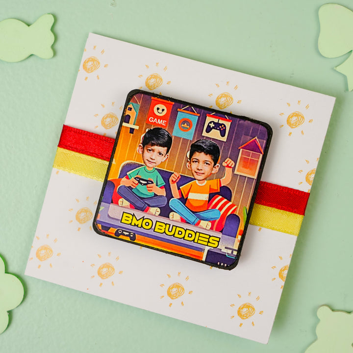Photo Personalized Handmade Reusable Caricature Bmo Buddies Mdf Wood Rakhi With Roli Chawal For Siblings - Flat Lay Packaging View