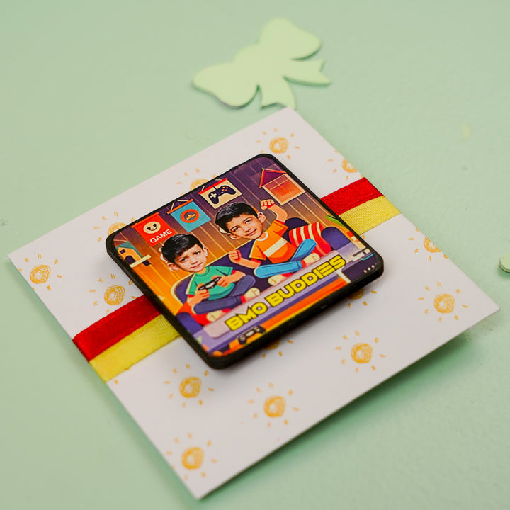 Photo Personalized Handmade Reusable Caricature Bmo Buddies Mdf Wood Rakhi With Roli Chawal For Siblings - Angled Packaging View
