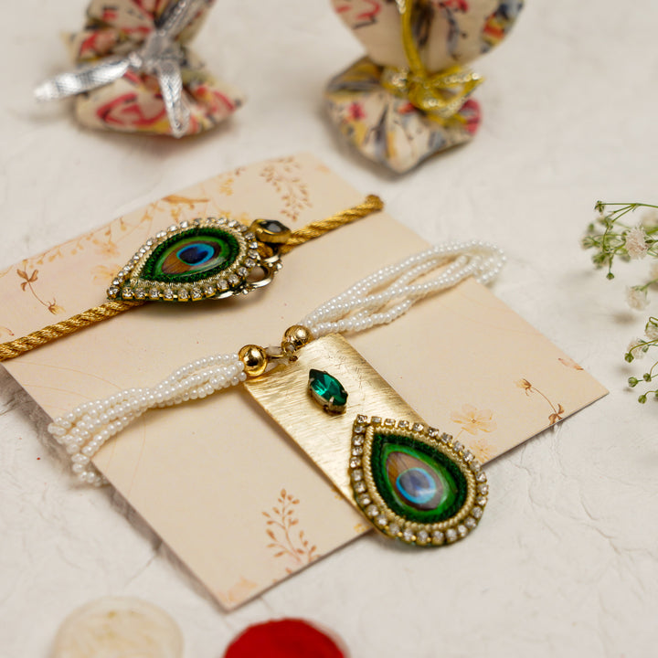 Peacock Pearm And Dori Bracelet Rakhi With Roli Chawal For Bhaiya And Bhabhi - Diagonal View of Bracelet Set