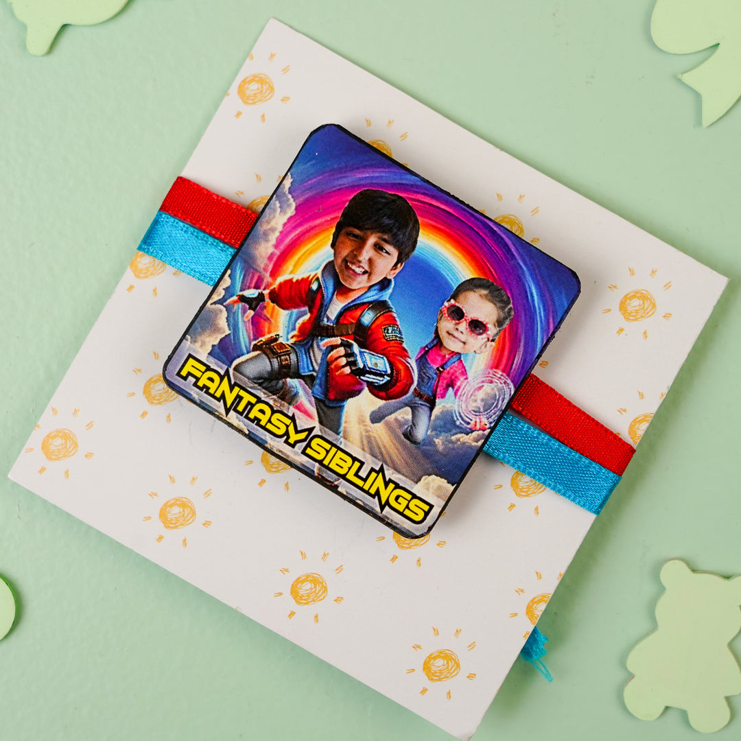 Photo Personalized Handmade Reusable Caricature Story Makers Mdf Wood Rakhi With Roli Chawal For Siblings - Top Angle Showing Packaging