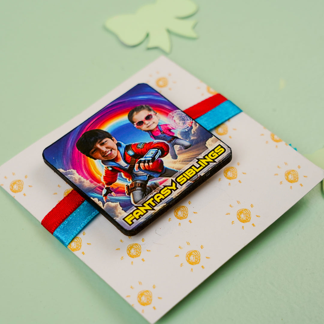 Photo Personalized Handmade Reusable Caricature Story Makers Mdf Wood Rakhi With Roli Chawal For Siblings - Side Angle of Bracelet Charm