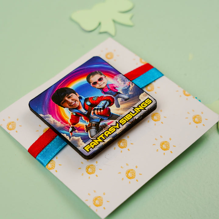 Photo Personalized Handmade Reusable Caricature Story Makers Mdf Wood Rakhi With Roli Chawal For Siblings - Side Angle of Bracelet Charm