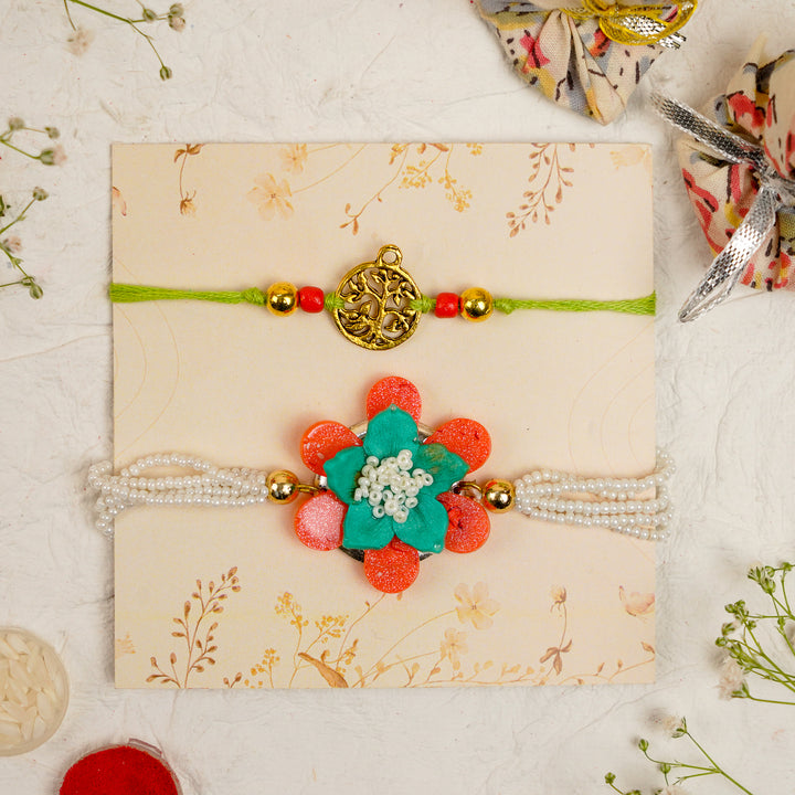 Orange Green Pearl And Tree Charm Resin Bracelet Rakhi With Roli Chawal For Bhaiya And Bhabhi - Set Display on Card