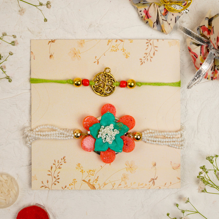 Orange Green Pearl And Tree Charm Resin Bracelet Rakhi With Roli Chawal For Bhaiya And Bhabhi - Set Display on Card