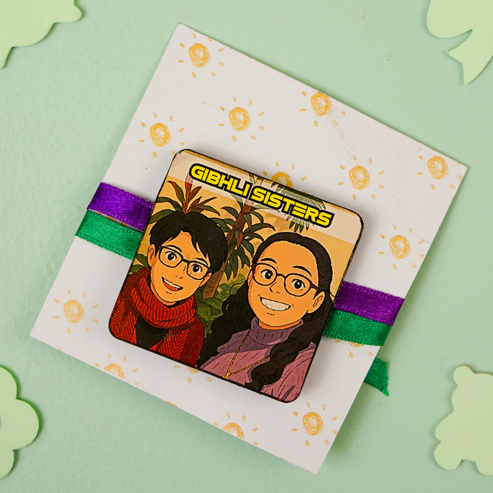 Photo Personalized Handmade Reusable Caricature Ghibli Sisters Ghibli Brother Sister Ghible Brother Duo Mdf Wood Rakhi With Roli Chawal For Siblings - Front View on Gift Card