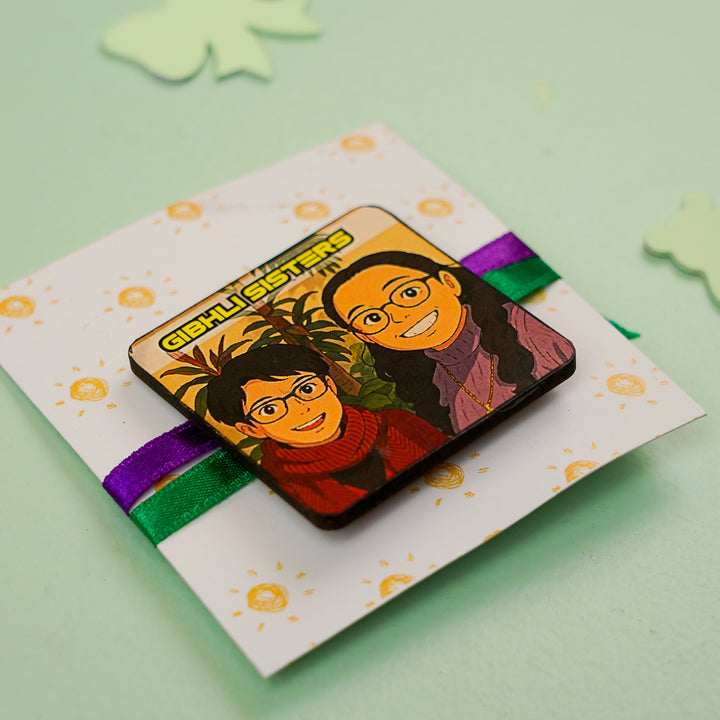 Photo Personalized Handmade Reusable Caricature Ghibli Sisters Ghibli Brother Sister Ghible Brother Duo Mdf Wood Rakhi With Roli Chawal For Siblings - Angled Side View on Gift Card