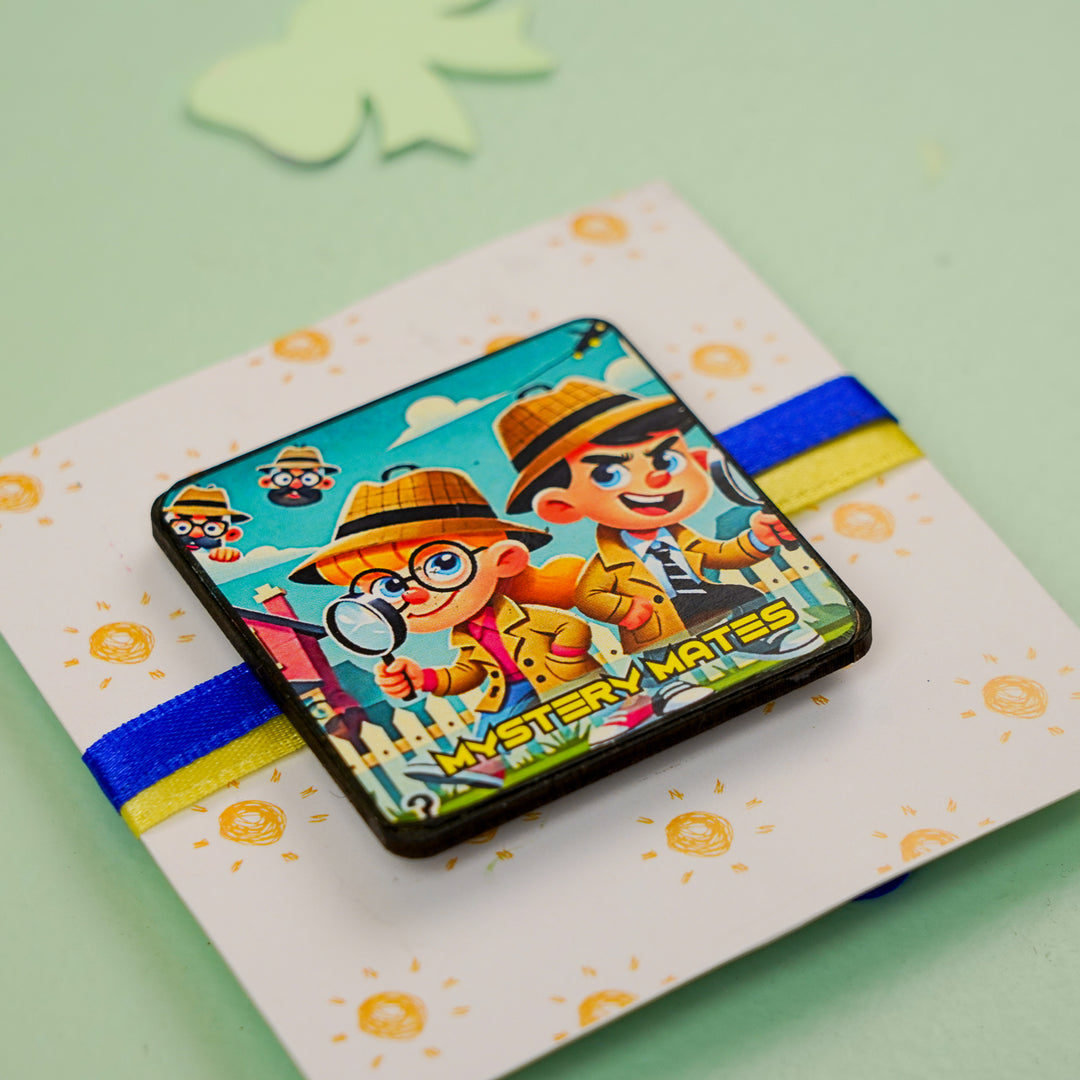 Handmade Reusable Mystery Mates Mdf Wood Rakhi With Roli Chawal For Siblings - Angled View with Packaging