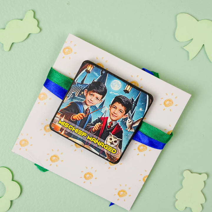 Photo Personalized Handmade Reusable Caricature Mischief Managed Mdf Wood Rakhi With Roli Chawal For Siblings - Top View of Rakhi on Card