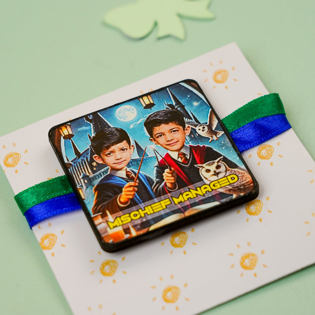 Photo Personalized Handmade Reusable Caricature Mischief Managed Mdf Wood Rakhi With Roli Chawal For Siblings - Angled Close-up on Card