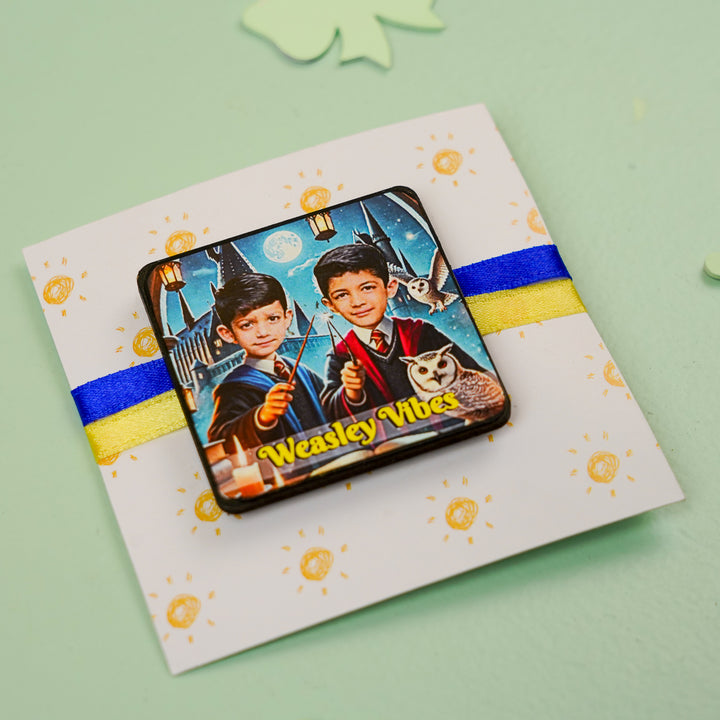 Photo Personalized Handmade Reusable Caricature Weasley Vibes Mdf Wood Rakhi With Roli Chawal For Siblings - Front View on Decorative Card