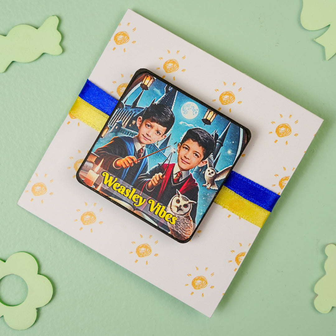 Photo Personalized Handmade Reusable Caricature Weasley Vibes Mdf Wood Rakhi With Roli Chawal For Siblings - Angled View on Decorative Card
