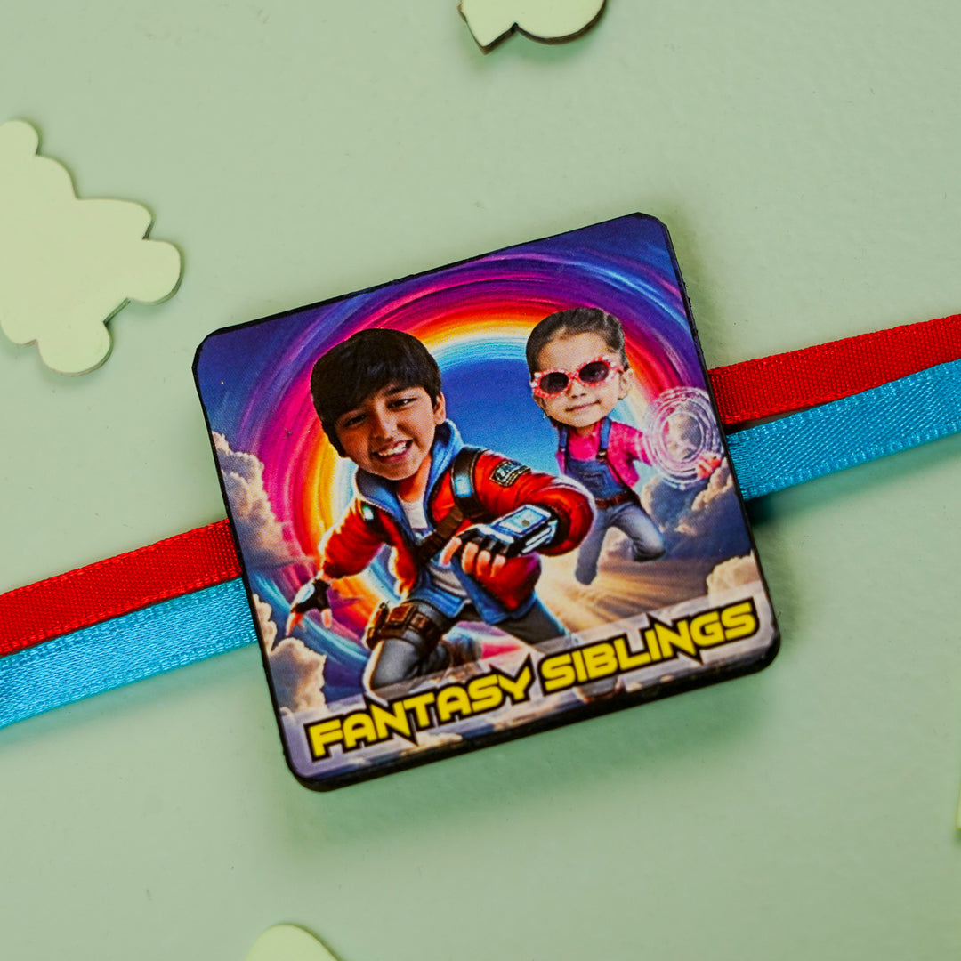 Photo Personalized Handmade Reusable Caricature Story Makers Mdf Wood Rakhi With Roli Chawal For Siblings - Close-up of bracelet charm