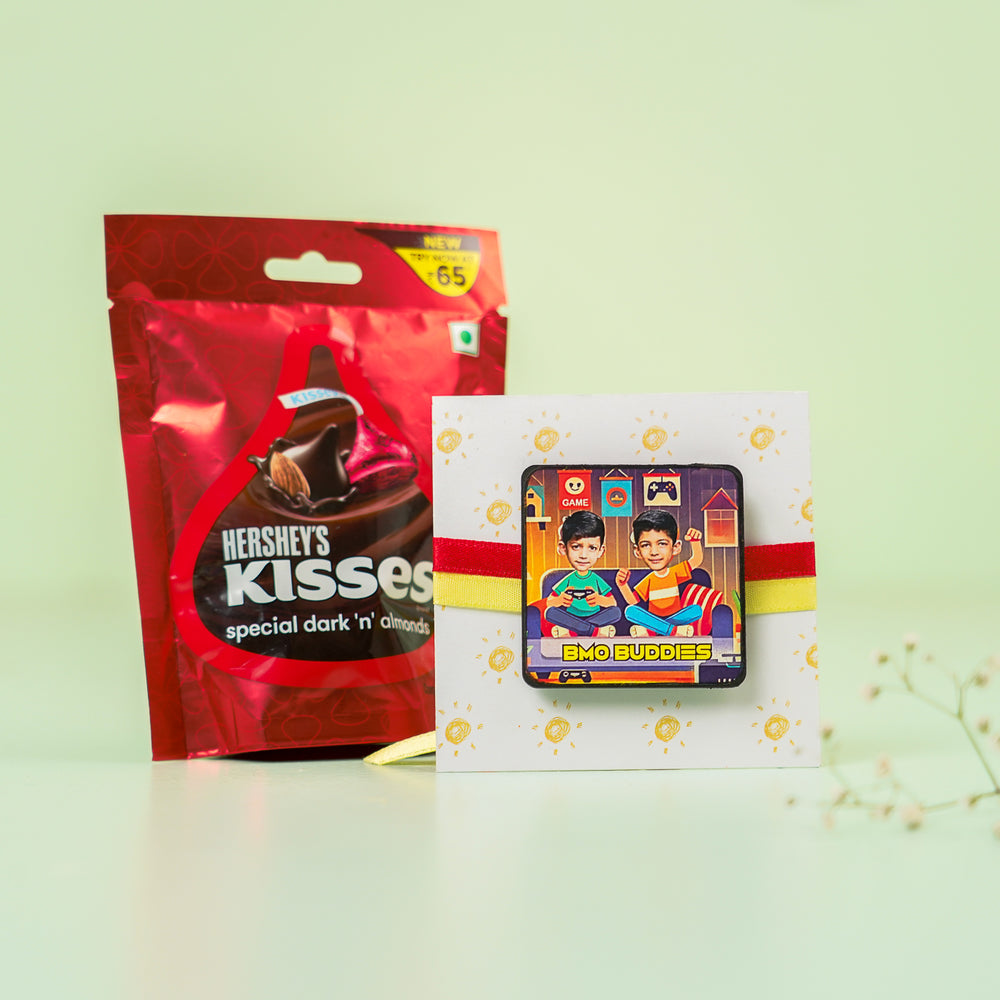 Photo Personalized Handmade Reusable Caricature Bmo Buddies Mdf Wood Rakhi With Roli Chawal For Siblings - Gift Set with Chocolate