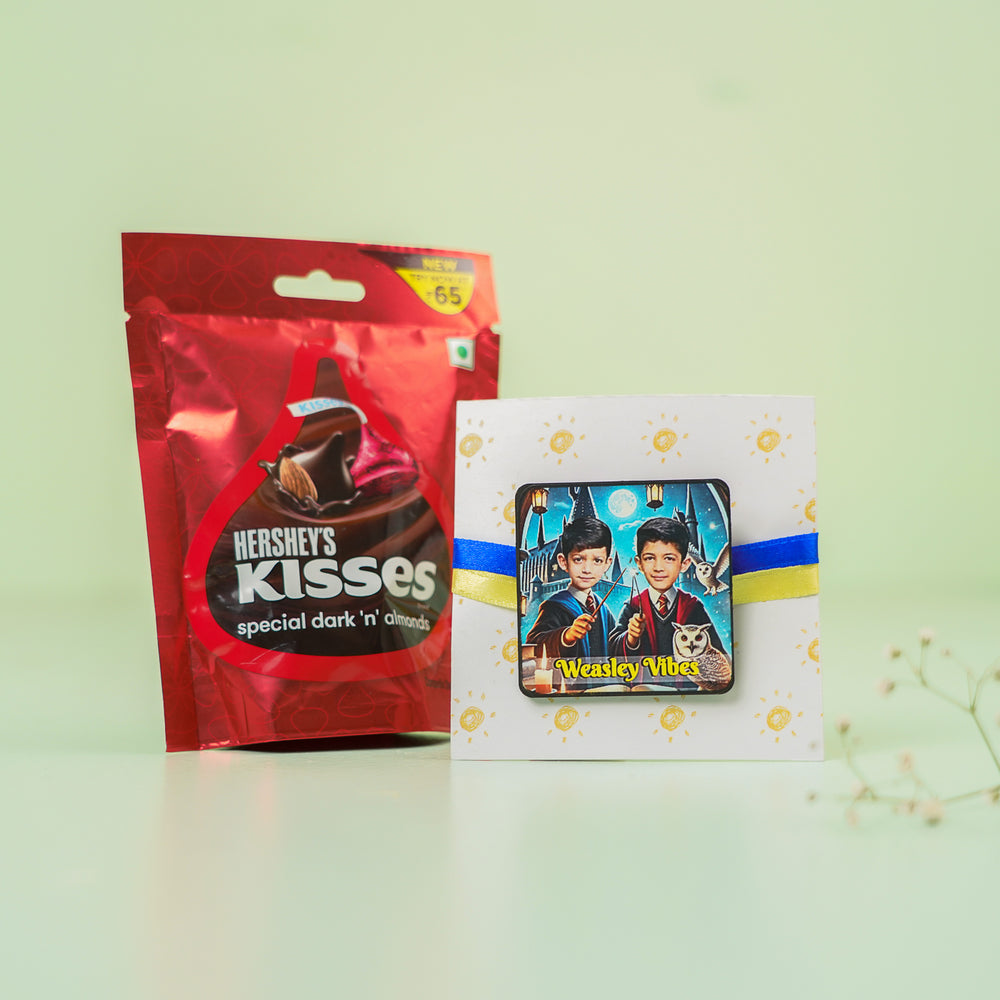 Photo Personalized Handmade Reusable Caricature Weasley Vibes Mdf Wood Rakhi With Roli Chawal For Siblings - Product with Packaging and Hershey's Kisses