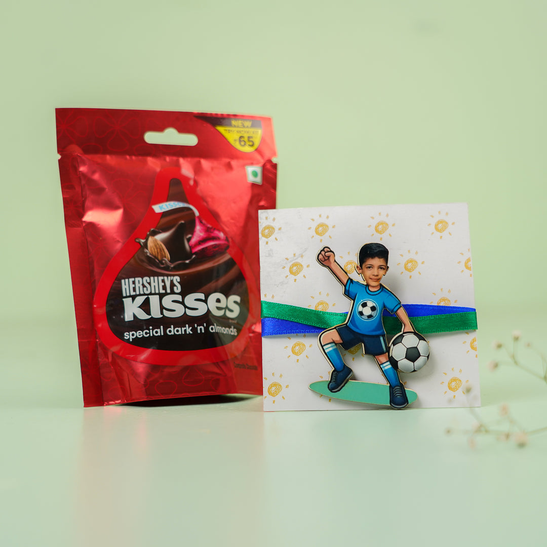Photo Personalized Handmade Reusable Caricature Football Mdf Wood Kids Rakhi With Roli Chawal - Size Comparison with Chocolate Pack