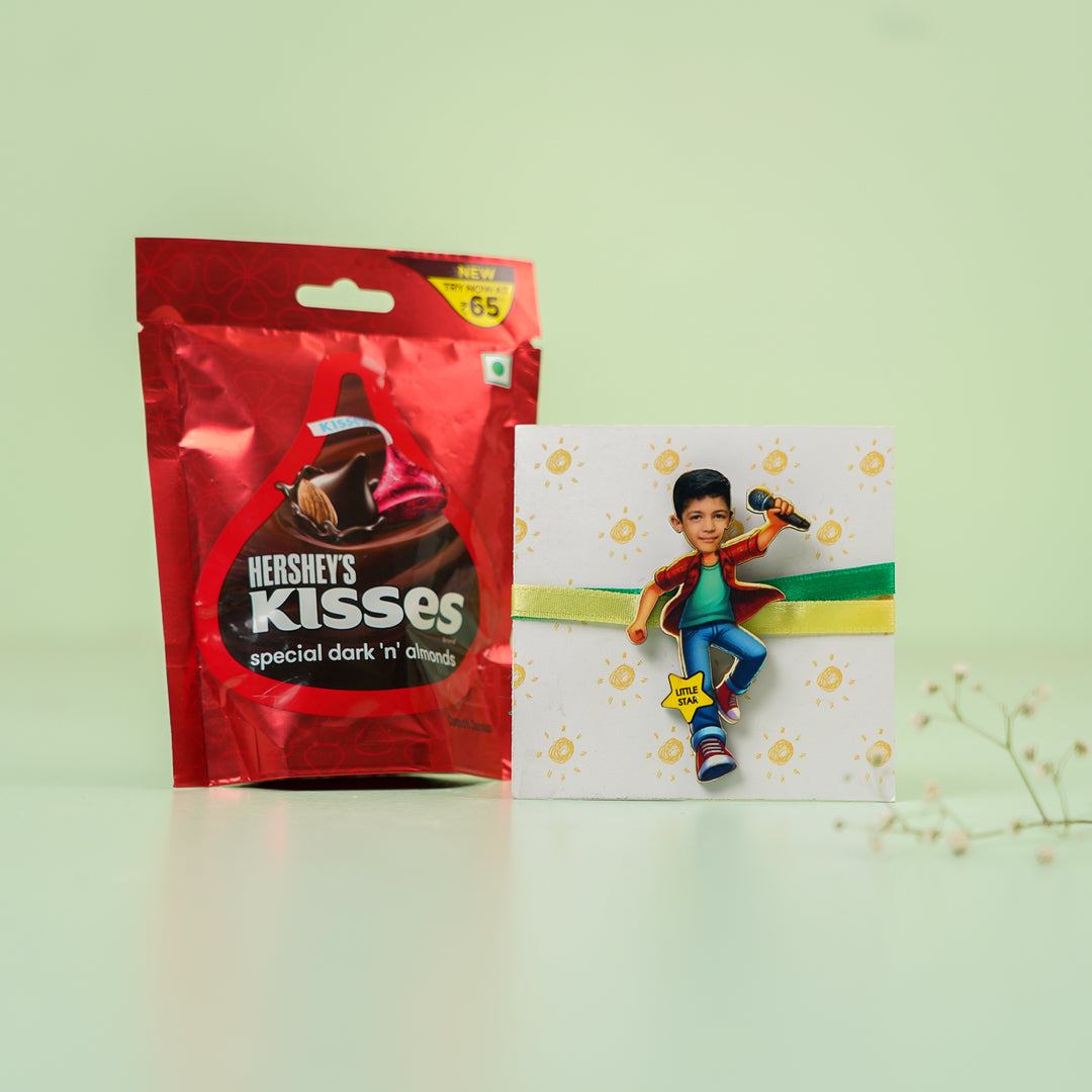Photo Personalized Handmade Reusable Caricature Little Star Mdf Wood Kids Rakhi With Roli Chawal - Product with Gift Packaging