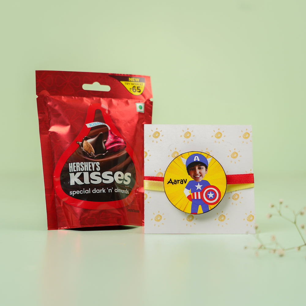 Photo Personalized Handmade Reusable Caricature Captain America Mdf Wood Kids Rakhi With Roli Chawal - With Hershey's Kisses Packaging