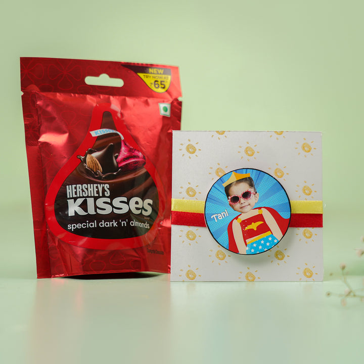 Photo Personalized Handmade Reusable Caricature Wonder Women Mdf Wood Kids Rakhi With Roli Chawal - Product with Packaging Display