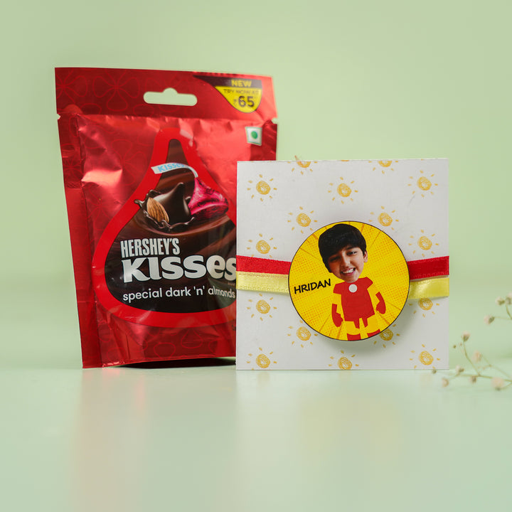 Photo Personalized Handmade Reusable Caricature Iron Man Mdf Wood Kids Rakhi With Roli Chawal - Rakhi with Gift Packaging