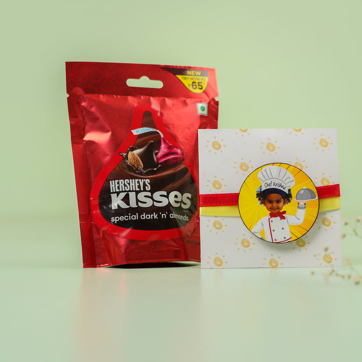 Photo Personalized Handmade Reusable Caricature Little Chef Mdf Wood Kids Rakhi With Roli Chawal - Badge and gift card with chocolate