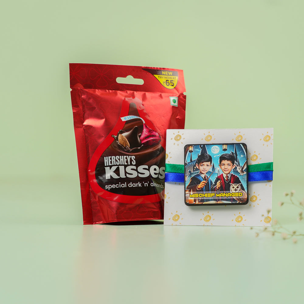 Photo Personalized Handmade Reusable Caricature Mischief Managed Mdf Wood Rakhi With Roli Chawal For Siblings - Product with Packaging Display