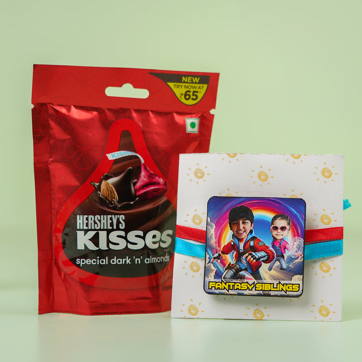 Photo Personalized Handmade Reusable Caricature Story Makers Mdf Wood Rakhi With Roli Chawal For Siblings - Gift Set with Chocolates