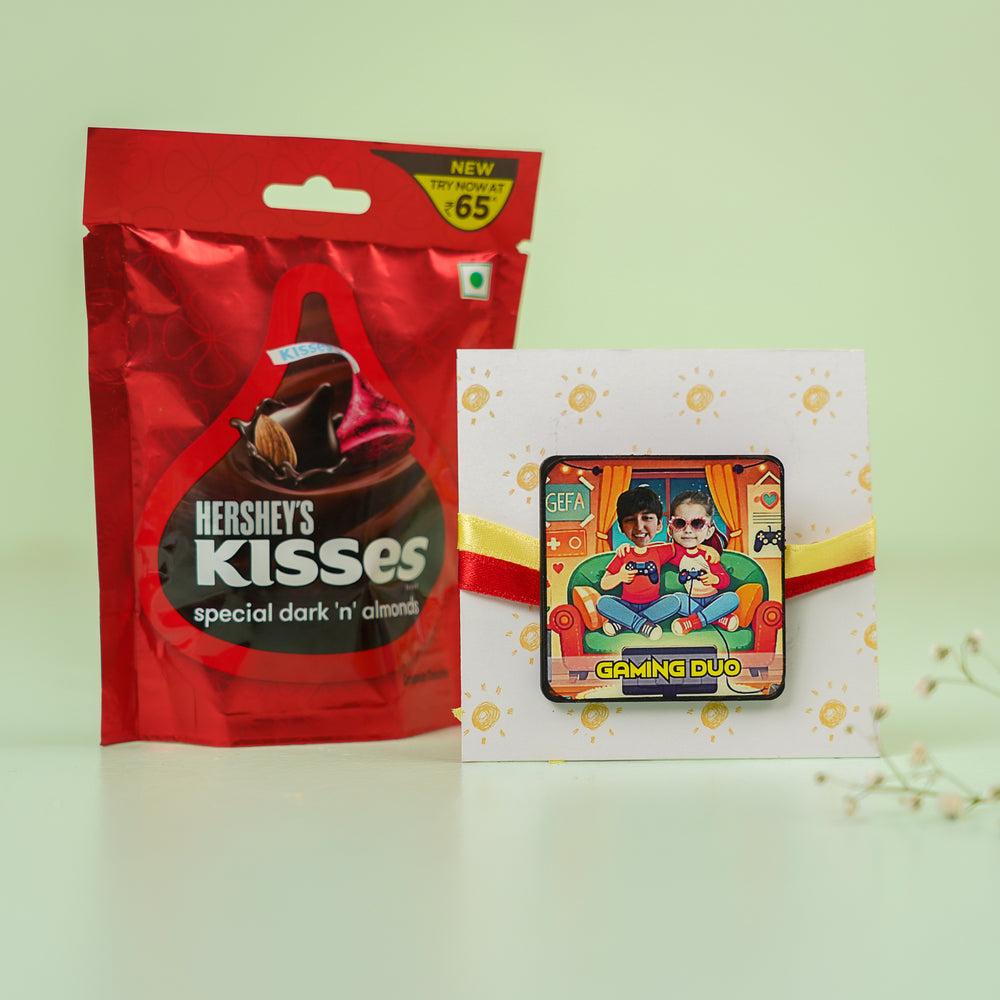 Photo Personalized Handmade Reusable Caricature Gaming Duo Mdf Wood Rakhi With Roli Chawal For Siblings - Product with packaging and card
