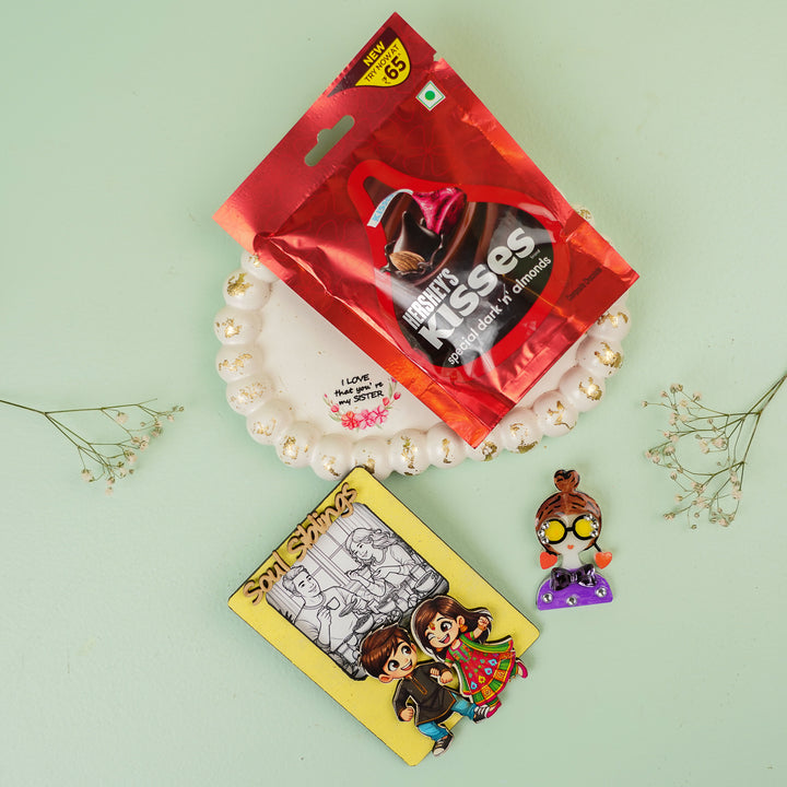 Photo Personalized Handmade Siblings Rakhi Hamper With Chocolates And Roli Chawal - All items flat lay display