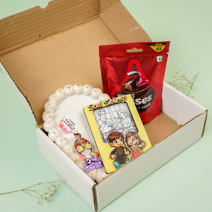 Photo Personalized Handmade Siblings Rakhi Hamper With Chocolates And Roli Chawal - Gift box with items inside