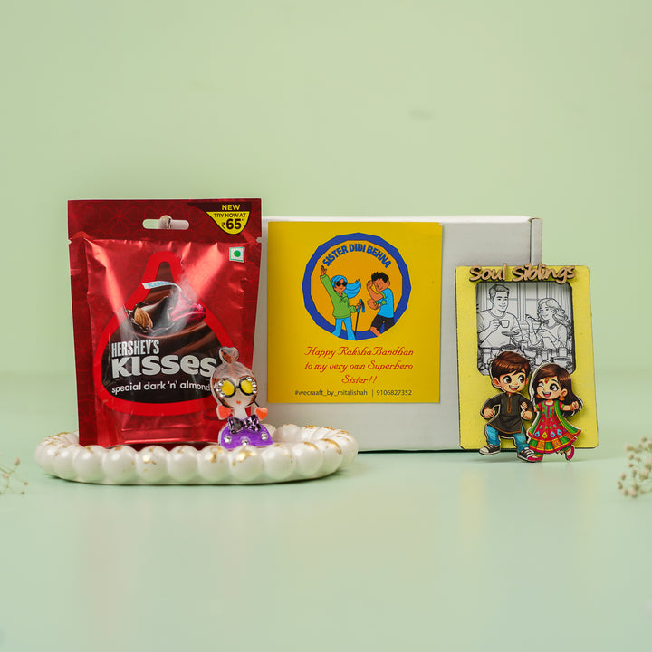 Photo Personalized Handmade Siblings Rakhi Hamper With Chocolates And Roli Chawal - Gift set arrangement with packaging
