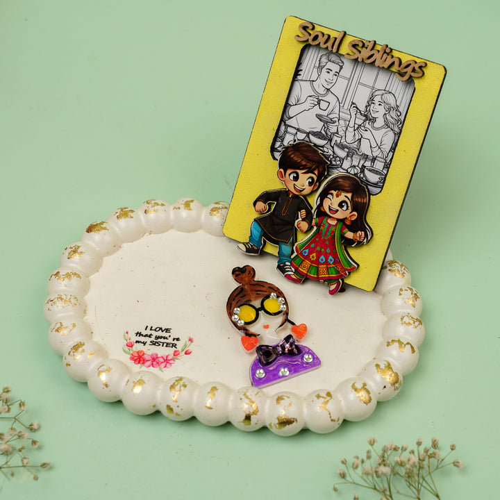 Photo Personalized Handmade Siblings Rakhi Hamper With Chocolates And Roli Chawal - Decorative tray with figures