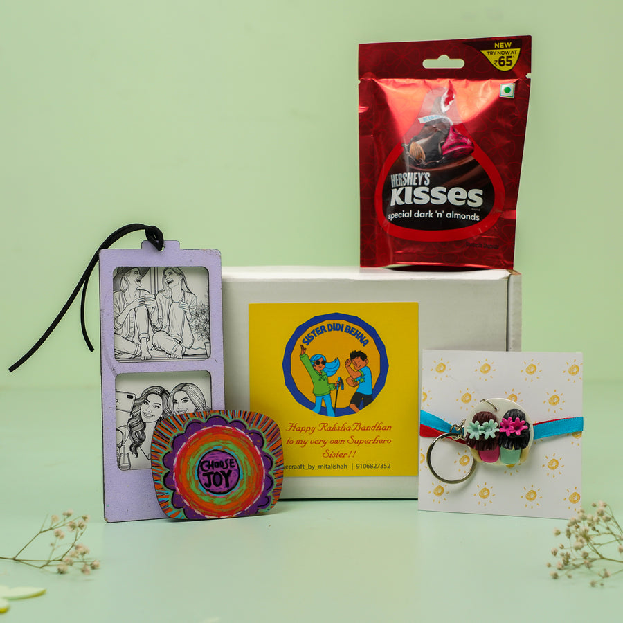 Photo Personalized Handmade Quirky Sister Rakhi Hamper With Bookmark And Keychain - Group Gift Set Display