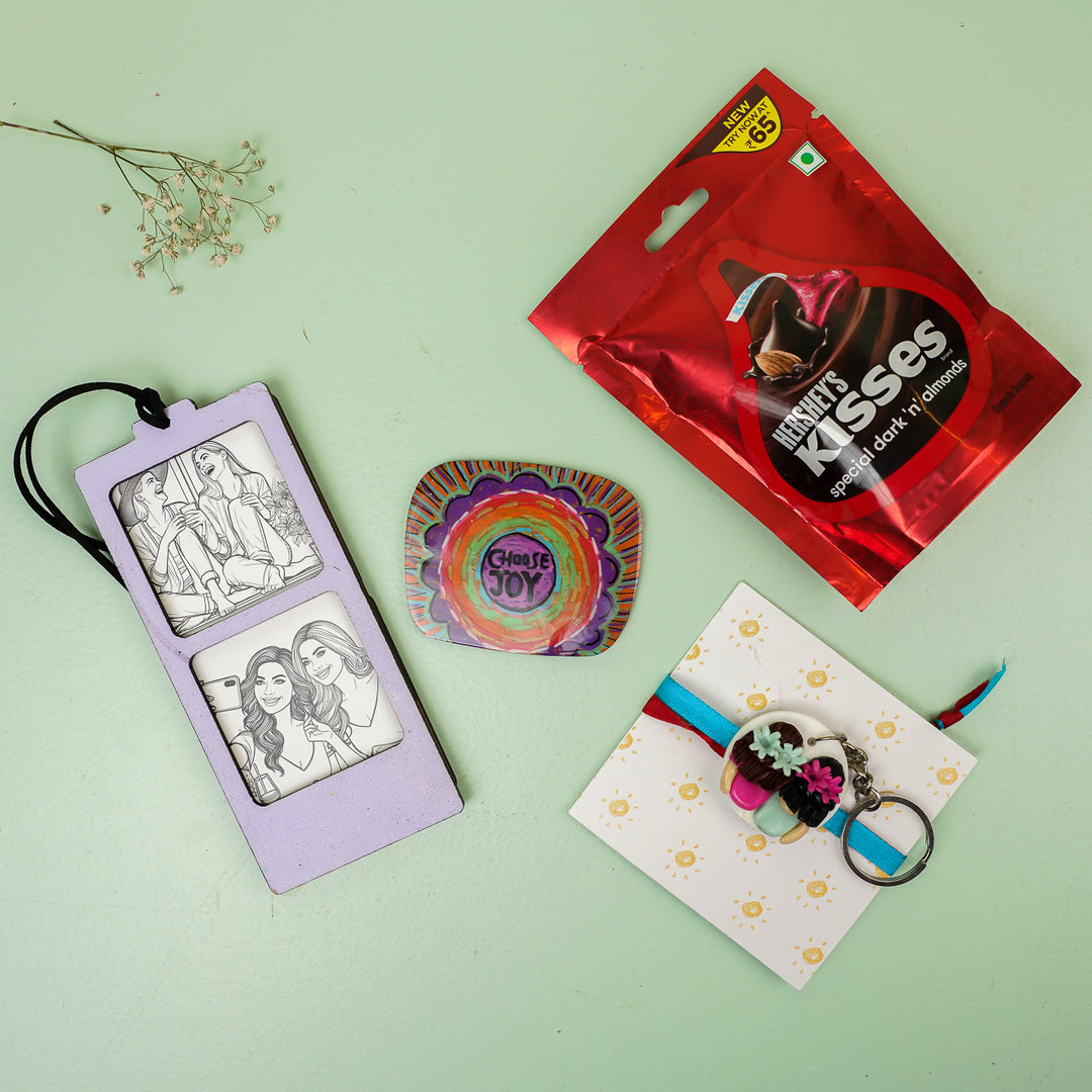 Photo Personalized Handmade Quirky Sister Rakhi Hamper With Bookmark And Keychain - Flat Lay with All Items