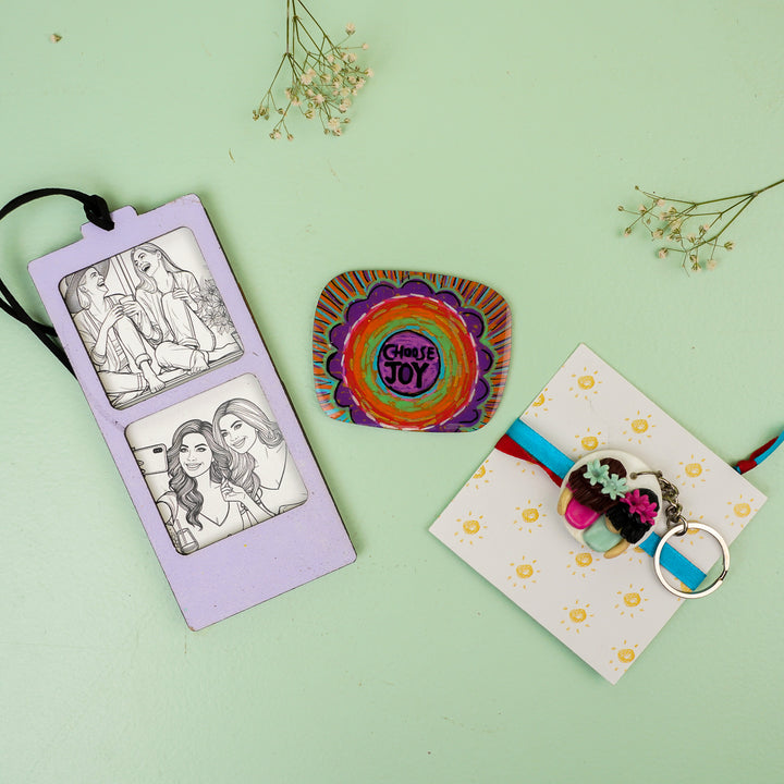 Photo Personalized Handmade Quirky Sister Rakhi Hamper With Bookmark And Keychain - Flat Lay Without Packaging