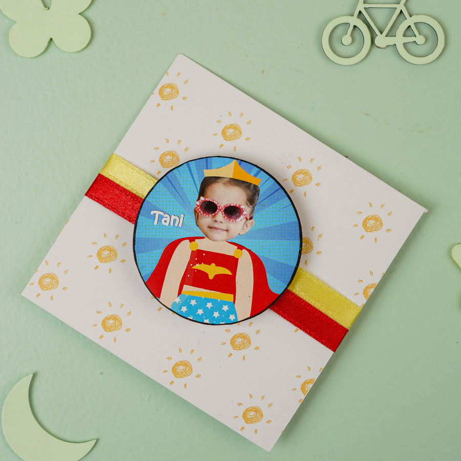 Photo Personalized Handmade Reusable Caricature Wonder Women Mdf Wood Kids Rakhi With Roli Chawal - Front View on Card Holder
