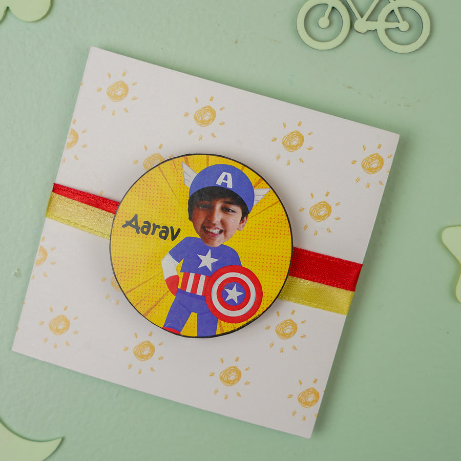 Photo Personalized Handmade Reusable Caricature Captain America Mdf Wood Kids Rakhi With Roli Chawal - Front View
