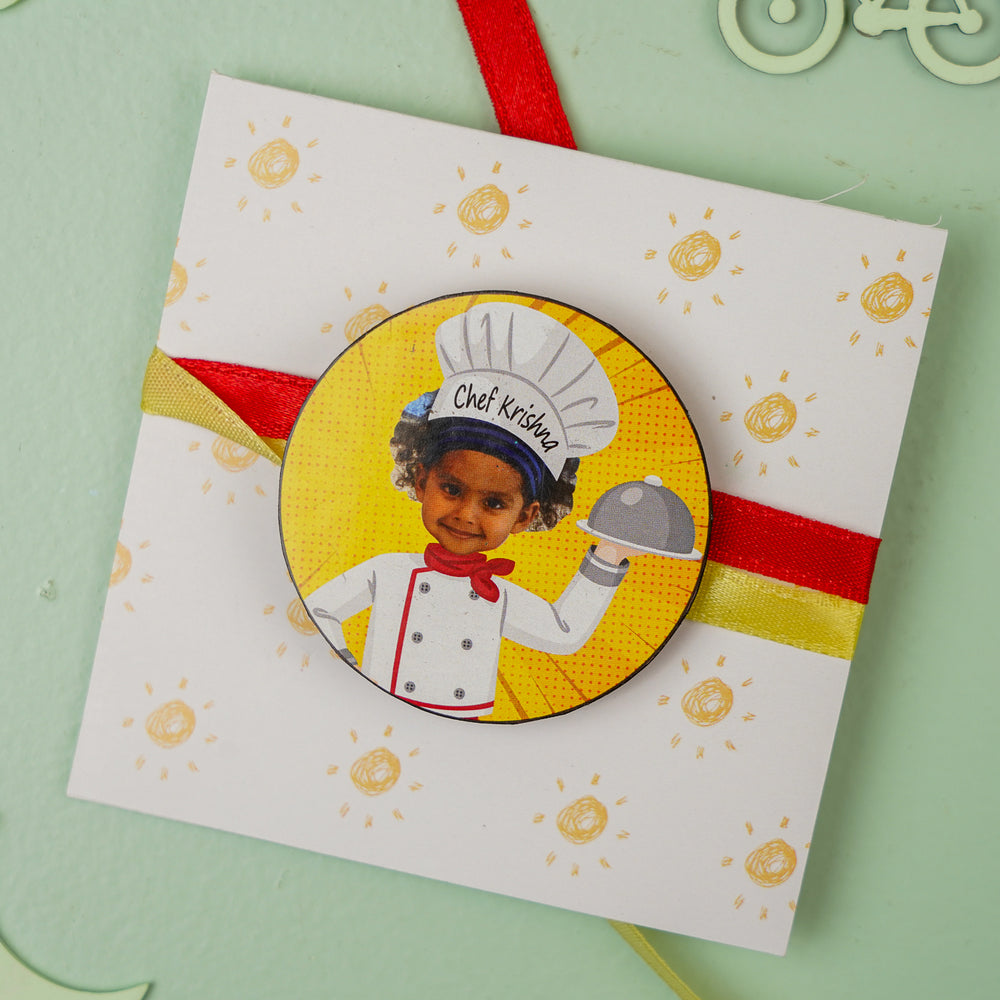 Photo Personalized Handmade Reusable Caricature Little Chef Mdf Wood Kids Rakhi With Roli Chawal - Badge on decorative gift card