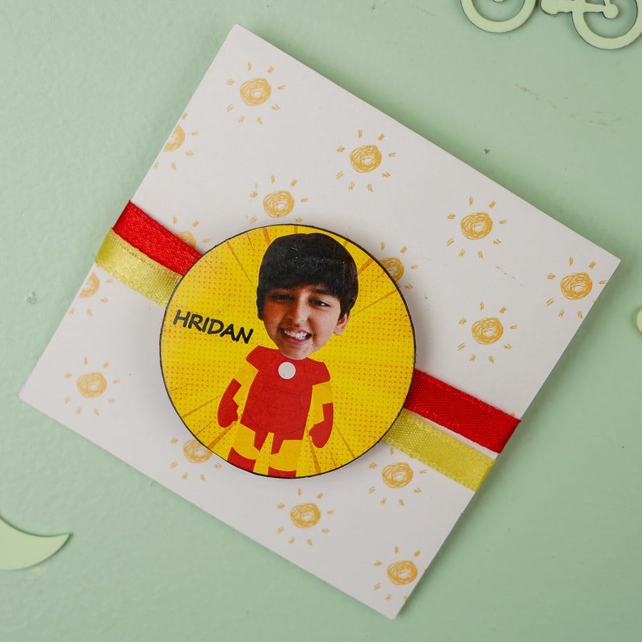 Photo Personalized Handmade Reusable Caricature Iron Man Mdf Wood Kids Rakhi With Roli Chawal - Personalized Rakhi on Greeting Card