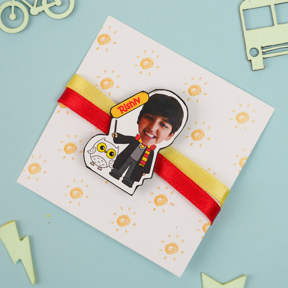 Photo Personalized Harry Potter Mdf Wood Kids Rakhi With Roli Chawal - Wrapped on Gift Card Example