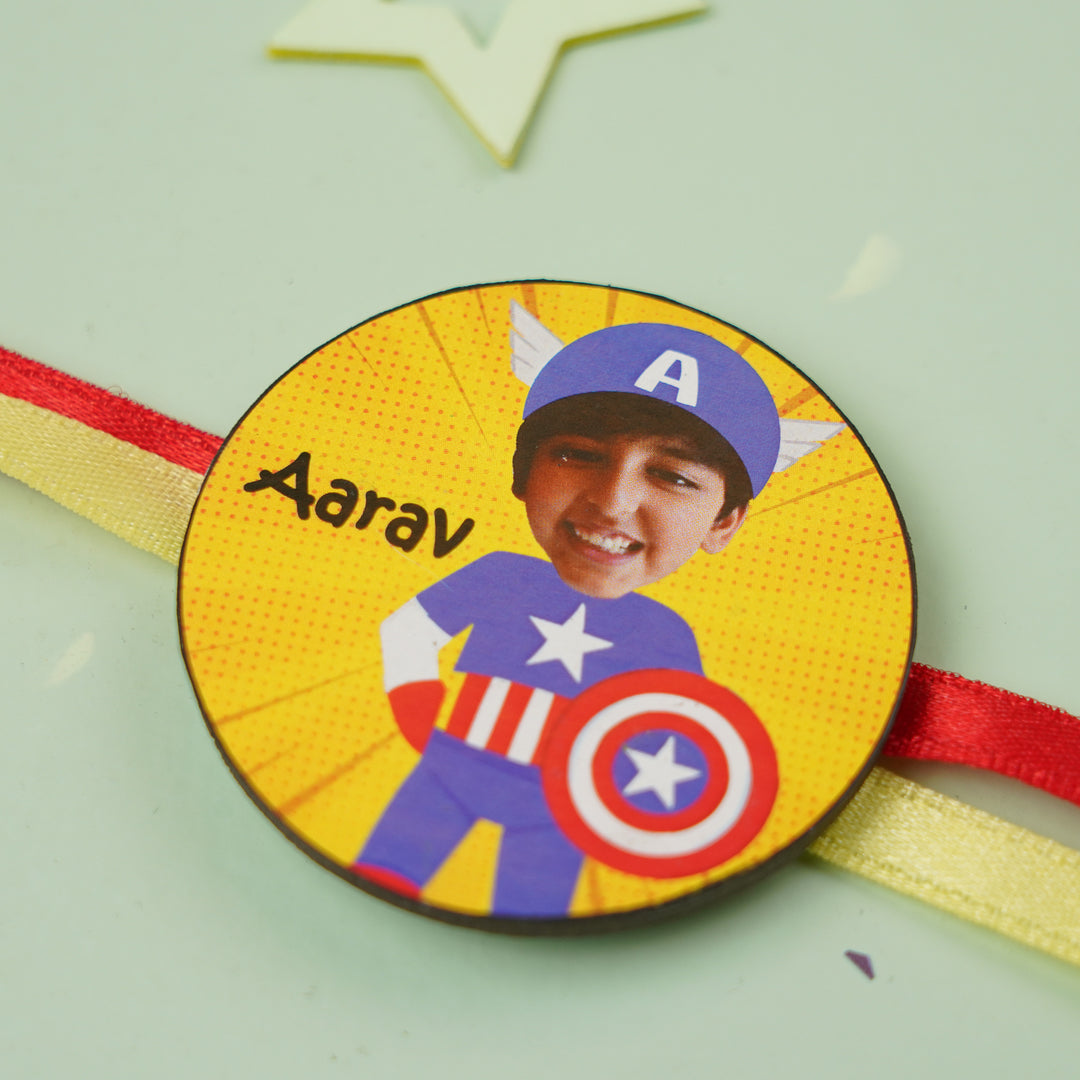 Photo Personalized Handmade Reusable Caricature Captain America Mdf Wood Kids Rakhi With Roli Chawal - Close-up of Personalized Design