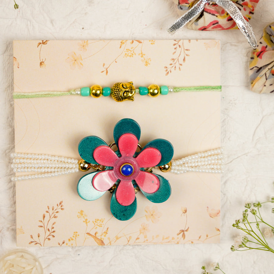 Green Pink Pearl And Buddha Charm Resin Bracelet Rakhi With Roli Chawal For Bhaiya And Bhabhi - Front View on Display Card