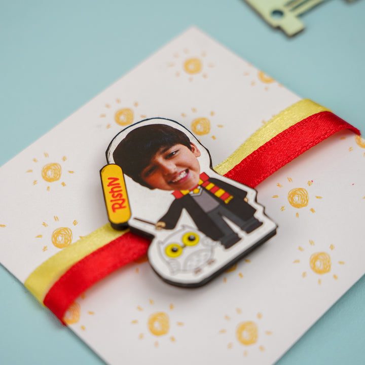Photo Personalized Harry Potter Mdf Wood Kids Rakhi With Roli Chawal - Angled View of Gift Wrapped