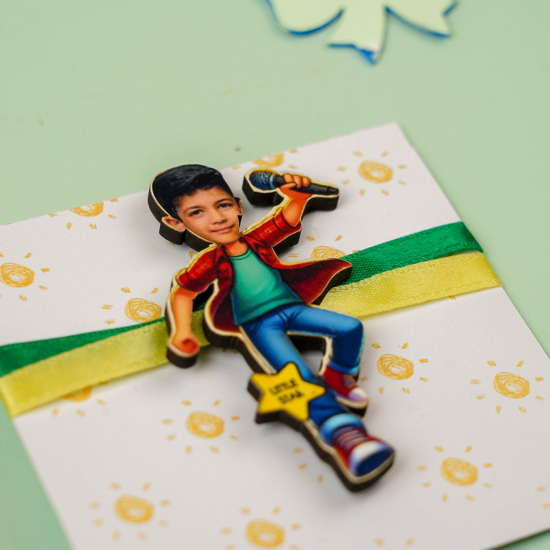 Photo Personalized Handmade Reusable Caricature Little Star Mdf Wood Kids Rakhi With Roli Chawal - Angled Close-up on Card