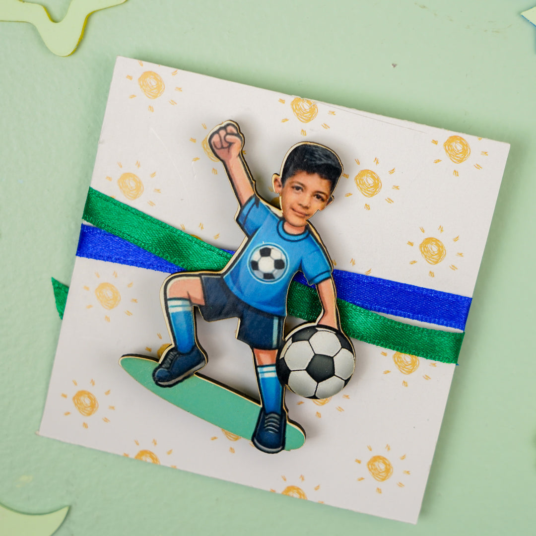 Photo Personalized Handmade Reusable Caricature Football Mdf Wood Kids Rakhi With Roli Chawal - Mounted on Decorative Card