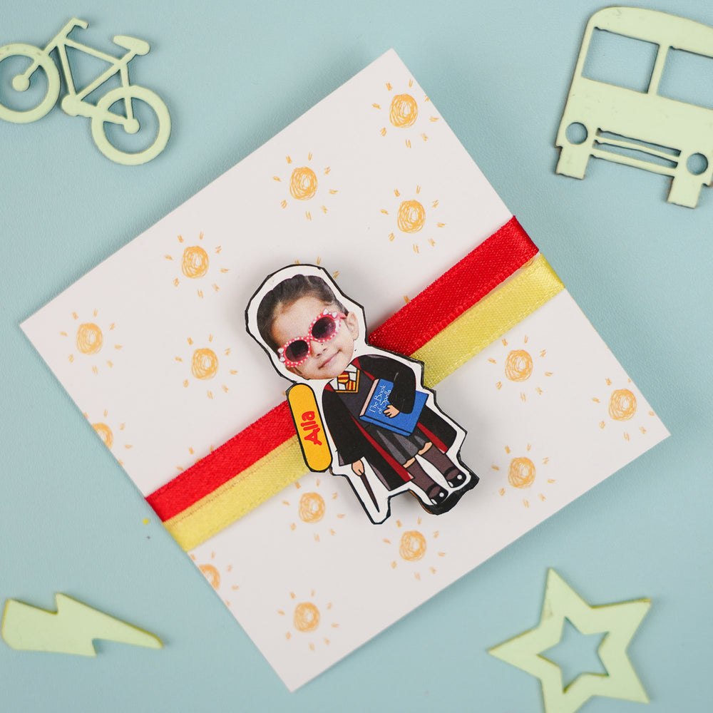 Photo Personalized Hermoine Mdf Wood Kids Rakhi With Roli Chawal - Top View of Pin on Gift Card