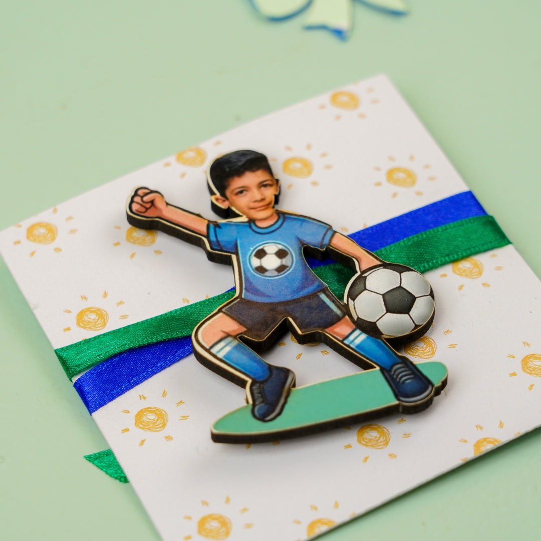 Photo Personalized Handmade Reusable Caricature Football Mdf Wood Kids Rakhi With Roli Chawal - Close-up on Decorative Card