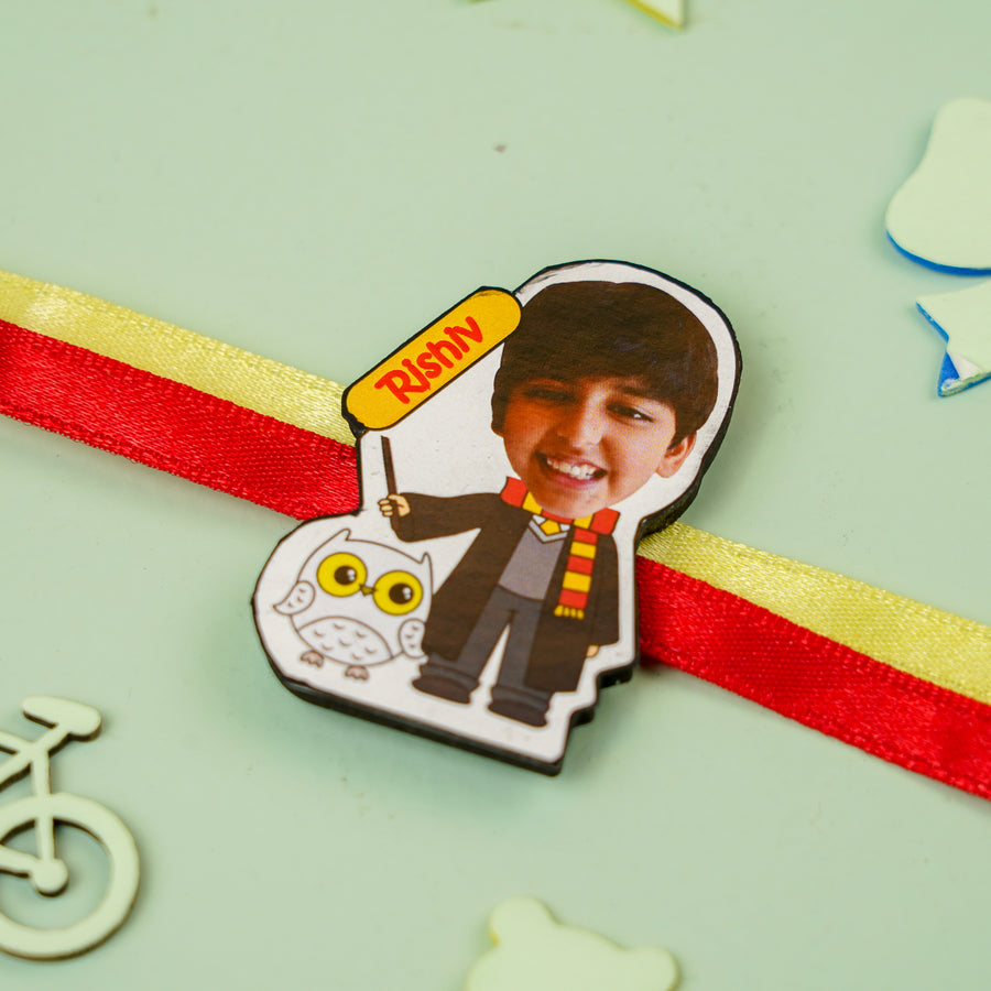 Photo Personalized Harry Potter Mdf Wood Kids Rakhi With Roli Chawal - Close-up of Personalized Figurine